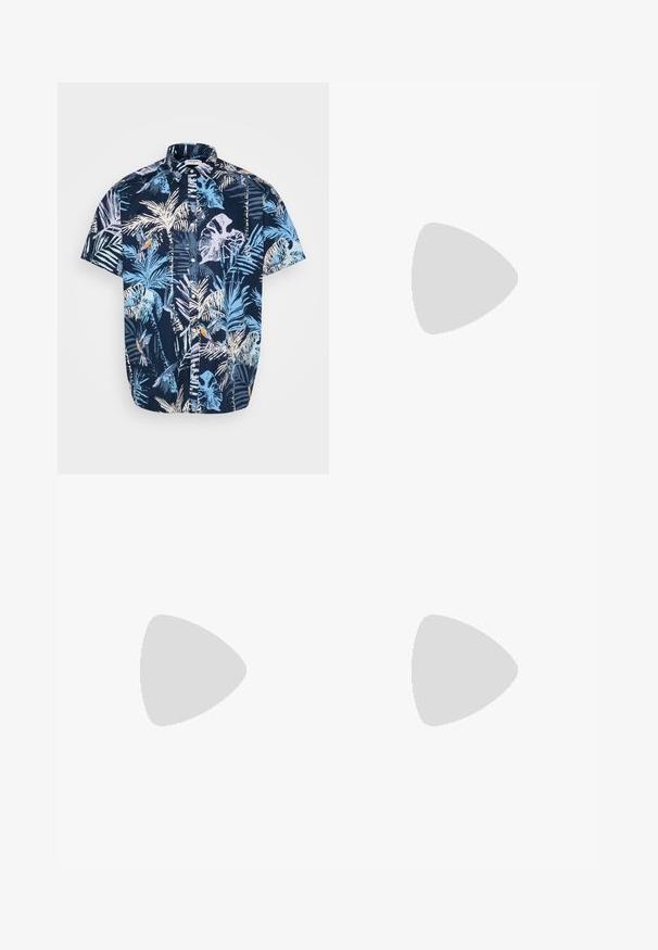 Korte mouw button-up shirt met een marineblauwe achtergrond en lichtblauwe, witte en oranje tropische bladeren en vogels. Gemaakt van katoen.; Witte katoenen tanktop met een ronde halslijn, brede schouderbanden en een rechte zoom, met een gladde textuur en zonder zichtbare patronen.; Beige, rechte broek van katoen. Voorzien van twee zakken aan de voorkant en een klein achterzakje. Dubbel gestikte naden verhogen de duurzaamheid.; Zwarte rubberen flip-flop sandaal met een getextureerde strap en een eenvoudige platte zool, zijaanzicht op een effen lichte achtergrond.