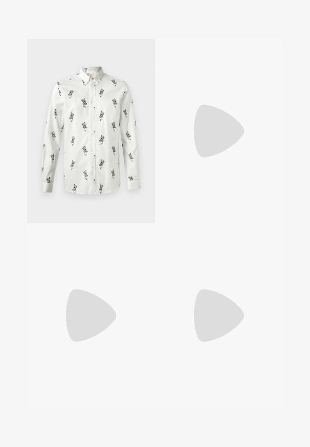 Witte overhemd met knopen, met zwart bloemenpatroon, lange mouwen en knoopkraag. Glad stof met een ontspannen pasvorm. Heeft een subtiele oranje accentknop.; Zwarte katoenen T-shirt met een ronde halslijn, korte mouwen en het "EMPORIO ARMANI" logo in het wit boven "Milano" in een gebogen ontwerp.; Donkerblauw denim jeans met een slim fit, voorzien van verfspetters, zichtbare stiksels en een standaard vijf-pocket ontwerp. Recht gesneden pijpen.; Witte leren sneaker met een gladde afwerking, ronde neus, platte veters en een gestructureerde zool. Kenmerkt zich door een subtiel logo op de hiel.; Zwarte ronde zonnebril met donkere lenzen en slanke metalen armen. Inclusief heldere tempelpunten en zilveren accenten bij de scharnier. Minimalistisch ontwerp.