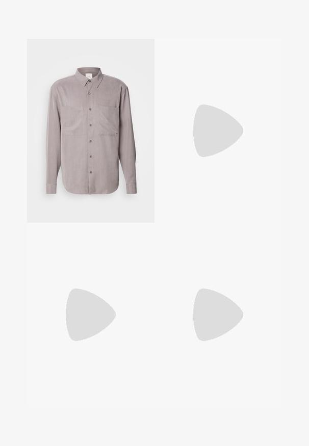 Long-sleeve button-up shirt in muted gray fabric, featuring two chest pockets, a classic collar, and tonal button closures.; Black trousers made of smooth fabric, featuring a straight-leg design, two front pleats, and standard waistband with belt loops.; Black leather Chelsea boot with elastic side panels and a pull tab, featuring a rounded toe and textured rubber sole.; Canvas tote bag in off-white, featuring short handles and the printed text "LES DEUX" in bold black letters. Durable, simple design.