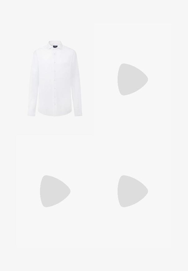 Valkoinen pitkähihanen paita, joka on valmistettu puuvillasta. Paita sisältää napillisen kauluksen, etunapit ja huomaamattoman logon rinnassa. Sujuva pinta.; Tummansiniset housut, joissa on kapea malli ja viivoituskuvio. Varustettu vetoketjulla, vyölenkeillä ja etutaskuilla. Sujuva kangas.; Valkoiset nauhalla kiinnitettävät lenkkarit leijuvat puupenkillä, taustalla vihreää kasvillisuutta, tuoden esiin kengän muotoilua ja pintarakennetta.; Mustat ja hopeiset aurinkolasit, joissa on kissansilmämuoto, gradientti linssit ja metalliset yksityiskohdat kehysissä. Muoviset sangan päät harmaat.