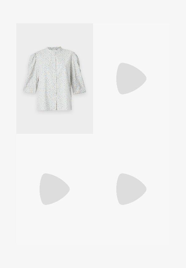 Floral button-up shirt featuring puffed sleeves, light blue and beige flower pattern on a white background, round collar, and soft fabric texture.; Cream-colored satin wide-leg pants with black embroidered geometric patterns along the hem. Features a smooth texture and tailored silhouette.; Beige leather block-heel pump with a pointed toe, black trim along the opening, and a thin adjustable slingback strap with gold hardware.; Cream leather handbag with a crescent shape, gold hardware, black accents, and a removable strap. Features a chain detail and tag.