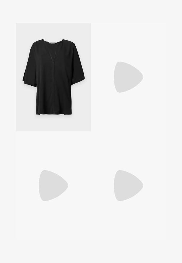 Black blouse in lightweight fabric, featuring a V-neck, loose short sleeves, and a central seam detail. Smooth texture with a relaxed fit.; Gray wide-leg jeans with a faded finish, button closure, five-pocket design, and stitched detailing along the seams.; Black leather ankle boot with a pointed toe, high block heel, and silver toe cap detail. Smooth texture and simple design.; Black leather handbag with a gathered top design, featuring two short handles and a long adjustable strap. Smooth texture, rounded shape.