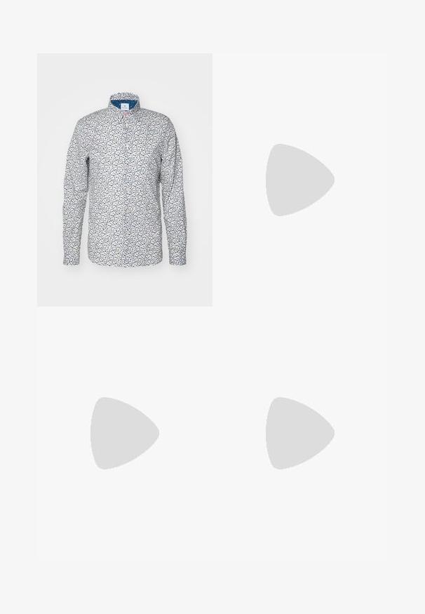 Langermet skjorte med knapper i hvit bomull, med et flerfarget blomstermønster, knappet krage, og kontrasterende blå innsiden av kragen.; Beige bukser med elastisk talje og justerbar snor. Glat tekstur, lige ben og minimalistisk design.; Hvite lærersneakers med en jevn overflate, rund tå, flate lisser og en teksturert såle. Har en subtil logo på hælen.; Sorte, runde solbriller med mørke linser og slanke metalarmer. Inkluderer klare temple tips og sølvfargede detaljer ved hengslet. Minimalistisk design.
