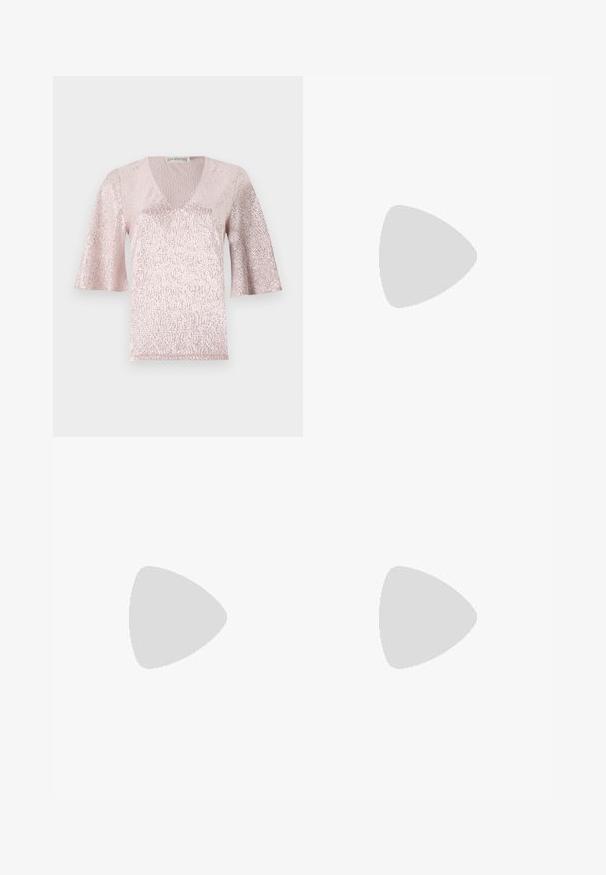 Pink, short-sleeved top with a V-neck, featuring a textured surface and shimmer detail. The fabric has a metallic, glossy finish.; Satin midi skirt in light beige, featuring a fitted waist, smooth texture, and a flared hem, with no visible embellishments or pockets.; Nude patent leather slingback heel with a pointed toe, open vamp, and a thin stiletto heel. Features a circular gold accent on the strap.; Brown leather handbag with a structured shape, featuring a single top handle and a detachable shoulder strap. Gold-tone hardware detail.