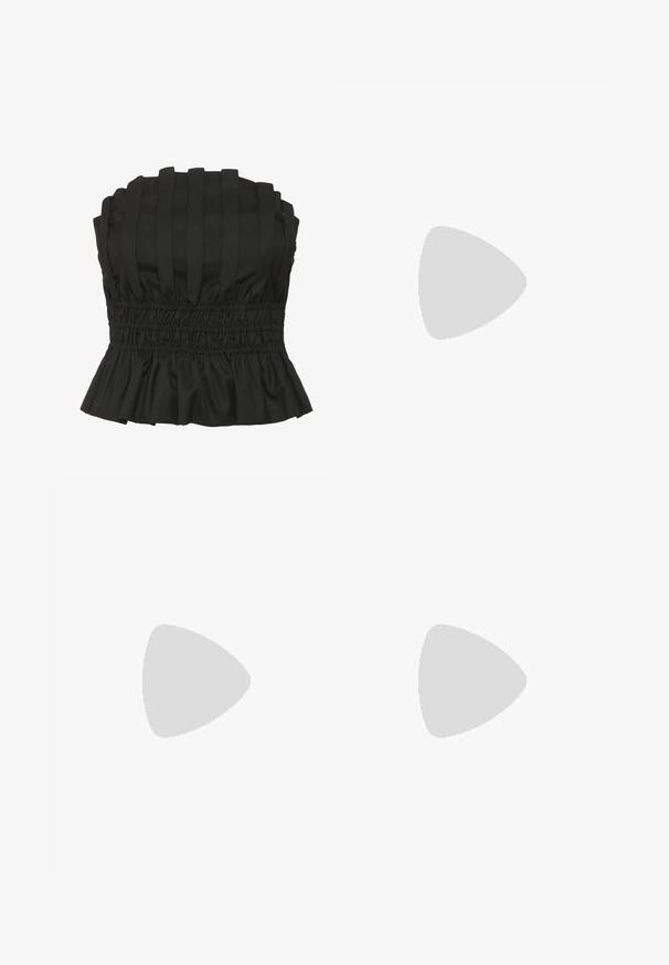 Black strapless top featuring vertical pleats, smocked waist, and a ruffled hem. Made from textured fabric for a fitted silhouette.; Wide-leg trousers in a deep burgundy color. Made from a smooth, stretchy fabric with tailored seams and a front zip closure.; Burgundy patent leather slingback heels with a pointed toe and a sleek stiletto heel. Open back design with adjustable ankle strap detail.; Black leather tote bag with a structured shape, dual handles, and gold hardware accents. Features a smooth texture and a decorative tag.