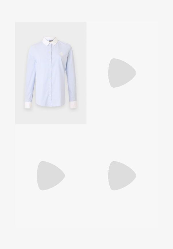 Light blue striped button-up shirt with a white collar and cuffs. Features long sleeves and an embroidered logo on the chest.; Black tailored trousers made of a smooth fabric, featuring a straight-leg design, and two side pockets. Elegant and minimalistic construction.; Black leather ballet flat with a rounded toe, smooth texture, minimal stitching detail, and a flexible sole design.; Black leather handbag with a curved design, featuring silver studs, a buckle, and two side pockets. Adjustable strap for carrying options.