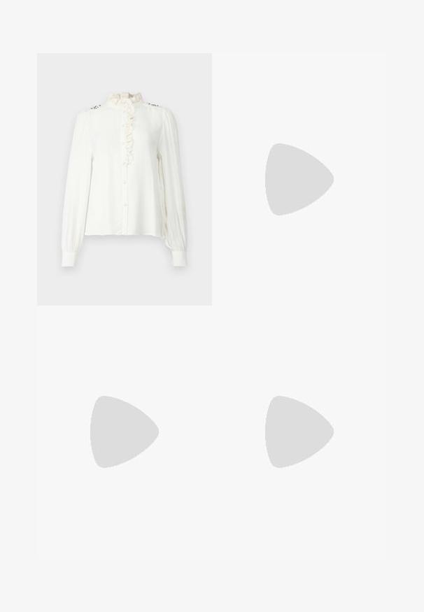 White long-sleeve blouse with ruffled high neck, front button closure, and decorative accents on shoulders. Smooth fabric with a relaxed fit.; Black wide-leg trousers made from a soft fabric, featuring side slits secured with bows at the hem for added detail.; Black heeled mules with a wide, open toe and a curved upper. Made of textured fabric, featuring a slender heel and a smooth sole.; Black sunglasses with oval lenses, glossy plastic frame, and slender arms. Features Ray-Ban logo in white on the side.; Black leather handbag with braided handles, textured surface, zippered front pocket, and decorative fringe accents. Compact and structured shape.