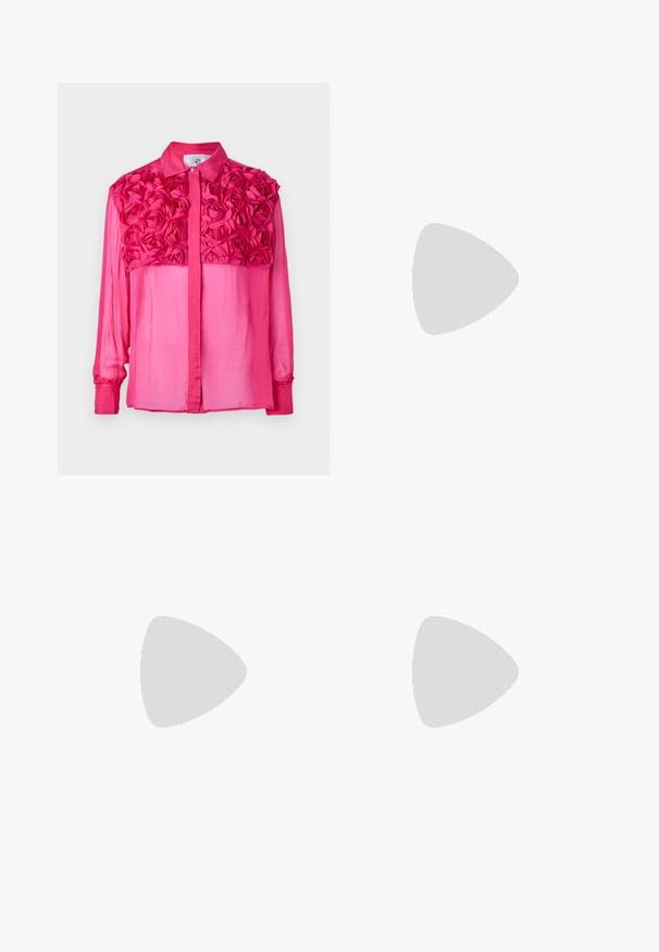 Pink button-up shirt featuring a textured floral design on the shoulders, with long sleeves and a smooth, lightweight fabric throughout.; Black tailored trousers with a straight-leg design, featuring a smooth texture and crisp creases along the front. No visible hardware.; Black leather slingback heels with a pointed toe, featuring a slim heel and a gold-tone accent on the adjustable strap. Smooth texture.; Black leather handbag with a structured design, featuring a cropped shape, top handle, and gold hardware accent. Adjustable shoulder strap included.