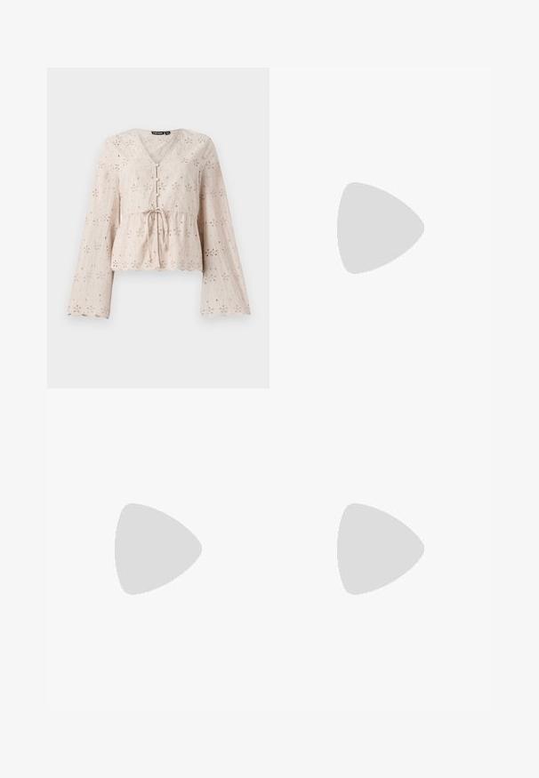 Light beige embroidered blouse with a V-neck, long bell sleeves, tie waist, and scalloped hem, featuring embroidered floral patterns throughout.; Light blue flared jeans made of denim, featuring a high waist, five pockets, and a single button closure. Soft texture with faded finish.; Black patent leather slingback heels with a pointed toe and a geometric block heel. Features a sleek, minimal design and smooth texture.; Black leather handbag with a rounded shape, thick handle, and a silver chain strap. Smooth texture with a slight sheen.