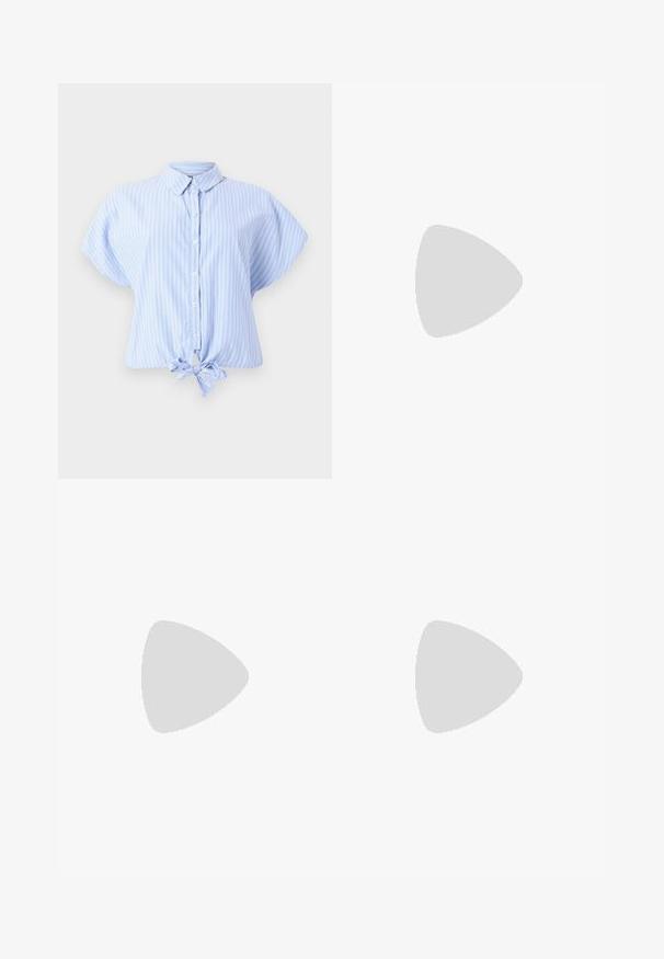 Light blue short-sleeve button-up shirt with white vertical stripes and a front tie detail, made from a smooth fabric with a relaxed fit.; Light blue flared jeans made of denim, featuring a high waist, five pockets, and a single button closure. Soft texture with faded finish.; White high-heeled sandal with a chunky heel, featuring a strappy design and ankle tie. Smooth texture with a platform front for added height.; Brown leather crossbody bag with a curved shape, gold hardware, and a buckle accent. Features a detachable shoulder strap.