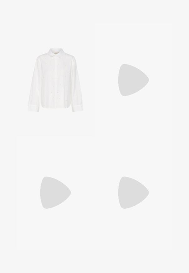 Bluză albă cu mâneci lungi, guler cu button-down, având mici accente argintii și o croială lejeră. Confecționată dintr-un material din bumbac moale.; Top din bumbac alb cu decolteu rotund și bretele late, având o siluetă ajustată și o textură moale.; Blugi albi cu croiala larga, din bumbac, cu talie inalta, design cu cinci buzunare si accente din alamă. Textura netedă, fără uzură.; Pantof sport din suede maroniu cu accente roz, având un design curbat din piele pe lateral, logo aurie și o talpă din cauciuc texturată.; Ochelari în nuanță de țestoasă maro, cu lentile ovale, brațe subțiri și accente transparente. Prezintă un logo subtil pe tâmplă. Design elegant și ușor.