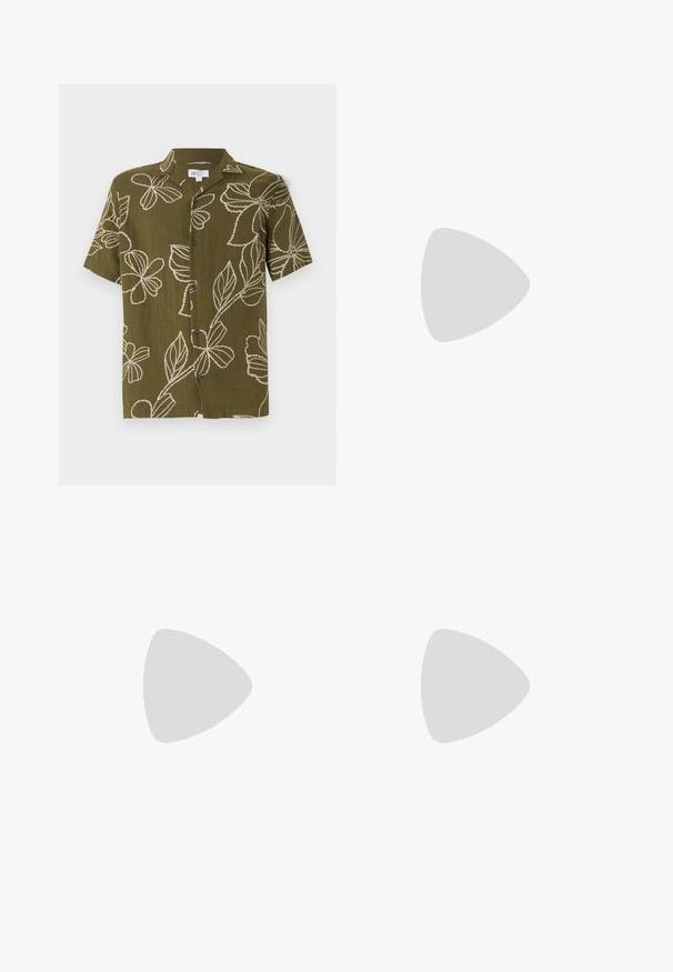 Camisa de manga corta de color verde olivo con bordados florales blancos, cierre frontal de botones y corte relajado. Textura suave, diseño informal adecuado para el clima cálido.; Pantalones de lino beige con un corte holgado, que presentan un frente plano, cierre de un botón y dos bolsillos. La textura arrugada añade detalle.; Zapatillas de ante azul marino con punta redonda, cinco ojales, suela de goma blanca y un diseño minimalista. Textura suave, sin patrones visibles.; Guantes de cuero negro con una textura suave, cinco dedos y detalles de costura sutiles. Diseño clásico, adecuado para usar en clima frío.