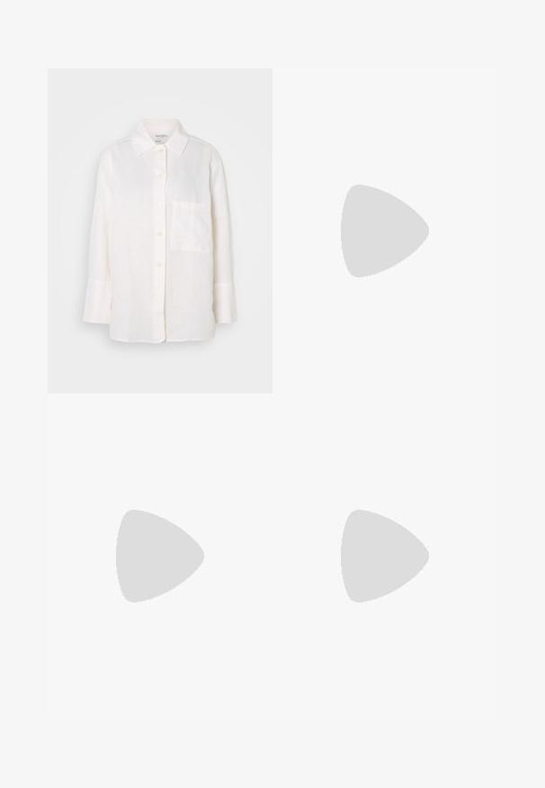 White, long-sleeve linen shirt with a button-down collar. Features a front pocket and a relaxed, slightly oversized fit. Textured fabric.; Black wide-leg trousers with high waist, button details on waistband, and front pleats.; Black patent leather loafer with a flat sole, rounded toe, and a decorative strap featuring a gold-tone accent. Smooth, shiny finish.; Brown leather crossbody bag with a curved shape, gold hardware, and a buckle accent. Features a detachable shoulder strap.
