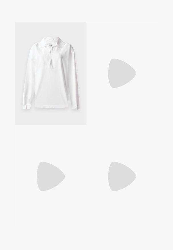 White long-sleeve polo shirt made of cotton. Features a wide collar and a half-zip placket. Smooth texture with a relaxed fit.; Brown athletic shorts made of smooth fabric with a relaxed fit, featuring white side stripes and an embroidered logo on the lower left hem.; White flip-flop with a textured sole and two thin straps. The straps are smooth with subtle branding. No patterns or additional accents.; Black cat-eye sunglasses with dark lenses, plastic frame, slim temples, and subtle branding on the inner arm. Matte finish texture.