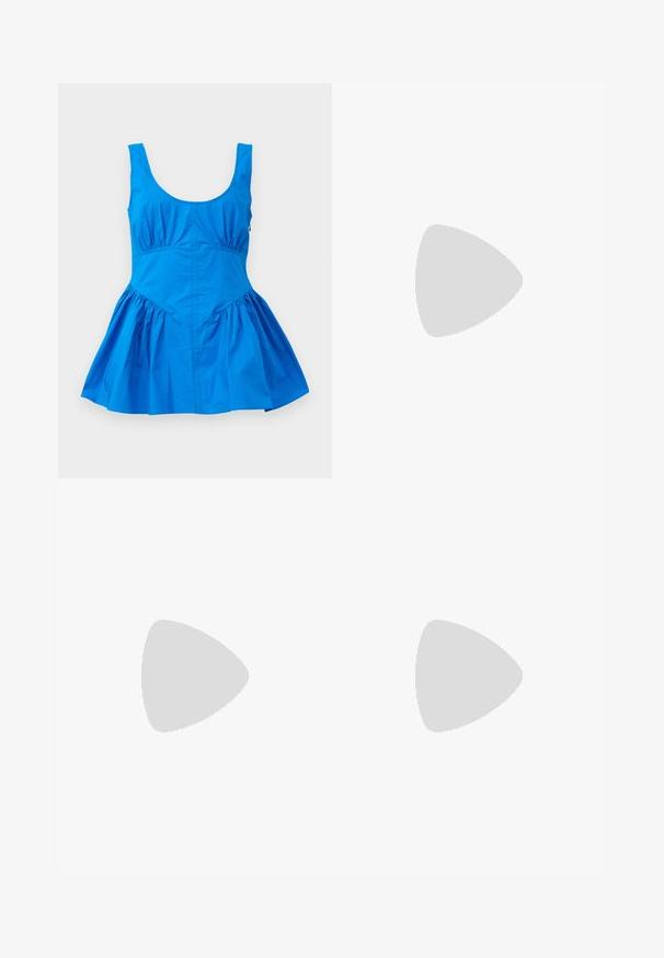 Blue sleeveless dress with a scoop neckline and gathered details at the waist, featuring a flared skirt and smooth, lightweight fabric.; Black, ankle-length skirt made of lightweight fabric. Features a gathered waistband with a drawstring for adjustable fit and a flared silhouette.; Black leather sandal with a square toe, thin straps, adjustable ankle strap, and a low heel. Features a small gold accent on the strap.; Black leather handbag with a curved shape, featuring a prominent gold oval clasp, adjustable strap, and minimalistic design.