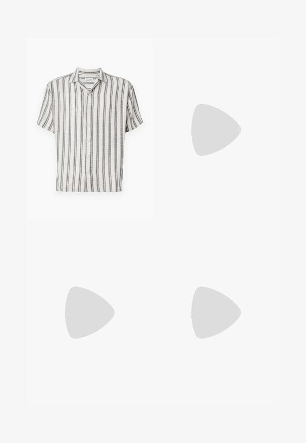 Chemise à manches courtes boutonnée en crème avec des rayures verticales noires. Dotée d'un col et de cinq boutons sur le devant. Tissu texturé.; T-shirt blanc à manches courtes en texture côtelée. Encolure ronde, coupe décontractée, sans motifs ni accents visibles. Design simple et polyvalent.; Jeans en denim beige avec une coupe droite, dotés de poches avant, d'une fermeture à bouton en métal et d'une texture subtile.; Baskets en daim beige avec un embout arrondi, un laçage sur le devant et un accent texturé à l'arrière. La semelle en caoutchouc blanche offre un contraste. Design simple et moderne.