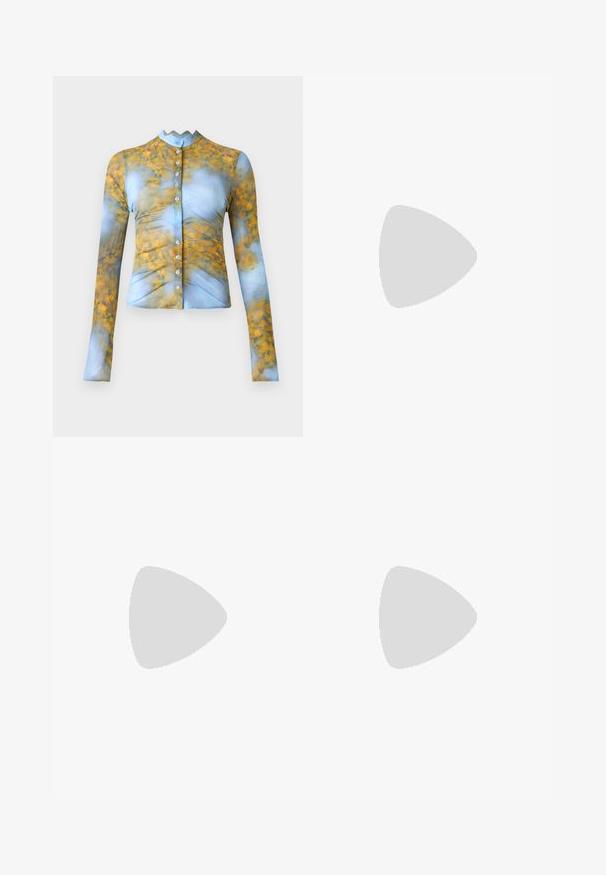 Long-sleeve button-up shirt in blue with yellow and orange abstract patterns. Features a high collar and ruched detailing along the front.; AVAVAV DRAPED SKIRT - A-line skirt - blue; Black slingback heeled shoes with a pointed toe, smooth leather material, and a sleek, minimalistic design. High stiletto heel.; The Kooples SAC - Handbag - black