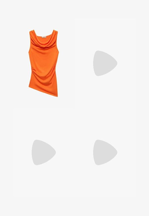 Orange sleeveless top with a cowl neckline, featuring ruching on one side and a smooth, stretchy fabric. Asymmetrical hem design.; Beige wide-leg trousers made of soft cotton, featuring a belt and side pockets. The fabric has a smooth texture with folded cuffs.; White high-heeled sandal with a chunky heel, featuring a strappy design and ankle tie. Smooth texture with a platform front for added height.; Brown leather crossbody bag with a curved shape, gold hardware, and a buckle accent. Features a detachable shoulder strap.