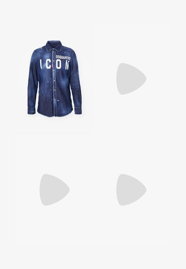 Denim shirt in dark blue with white "ICON" text and "DSQUARED2" logo. Features button closure, pointed collar, and distressed paint splatter.; White short-sleeve T-shirt made of cotton, featuring a crew neck and a small printed logo on the left side. Smooth texture, casual fit.; Black pleated trousers with a straight, wide-leg design. Made from smooth fabric, featuring a button closure and belt loops.; Black leather loafers with a smooth finish, rounded toe, and a decorative band across the upper. Features a low black sole.