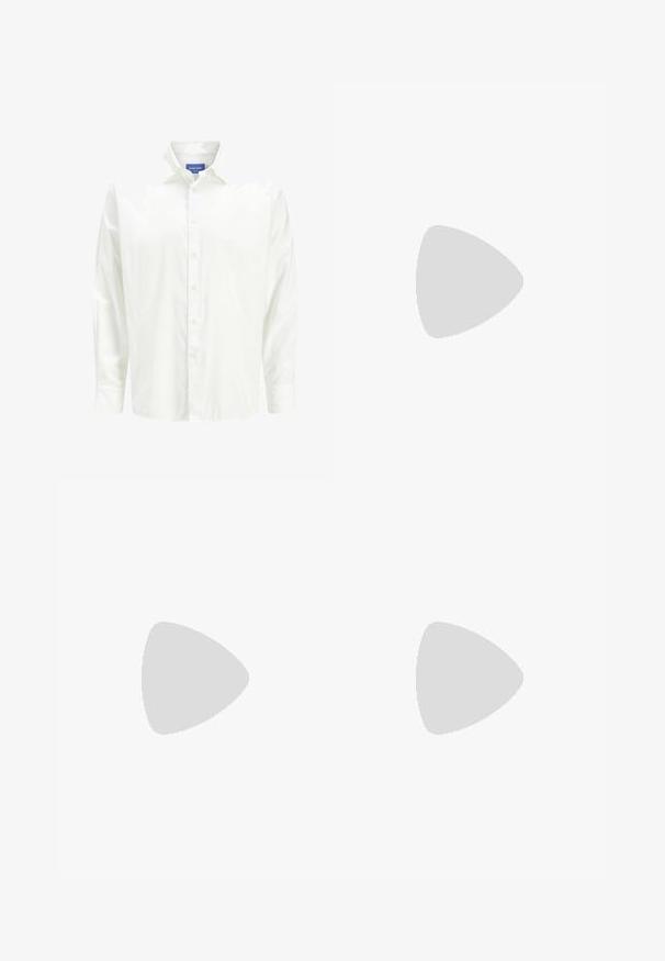 Jack & Jones Alkalmi ing - cloud dancer; Sötétszürke anyagból készült, bő szárú nadrág. Ráncokkal a deréknál, elegáns fazonnal és egyenes sziluettel rendelkezik.; Fekete bőr loaferek lekerekített orral, kiemelkedő varrással és textúrált gumitalppal. Díszítő fémszerelvény található a cipő elején.; Ovális fekete lencséjű napszemüveg, fém kerettel, fekete és kék textúrázott szárakkal. A kereten oldalsó logó díszítés található.