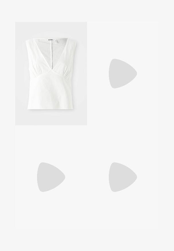 White sleeveless top with a deep V-neck, featuring gathered details at the sides, made from a textured fabric, and a straight hem.; Brown sleeveless dress made of soft fabric with draped detailing and an asymmetrical cut on one shoulder. Features side ruching.; Brown leather knee-high boots with a rounded toe, textured surface, ankle strap, and silver hardware detail; stacked heel.; CHLOÉ Sunglasses - black; Woven basket bag with light beige color, rectangular shape, and soft inner pouch; features two long handles for carrying.
