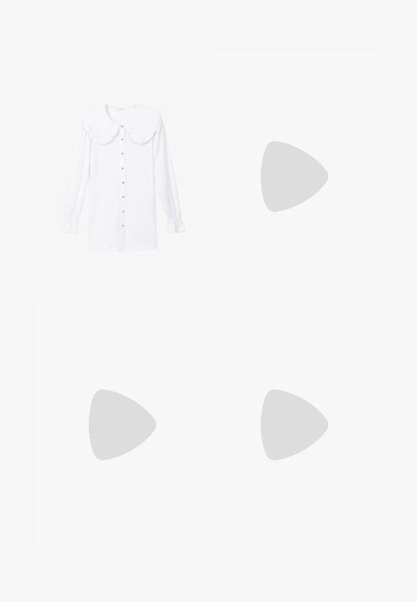 Touché Privé COLLAR DETAILED - Košilová halenka  - white; Černé polyesterové culotte kalhoty s elastickým pasem, dvěma předními sklady a volným siluetou. Žádné viditelné vzory ani kovové detaily.; Černé lakované sandály na podpatku se čtveratou špičkou, lýtkovými pásky a stříbrnými přezkami. Disponují masivním blokovým podpatkem pro stabilitu.; Černá kožená kabelka s křivkovým tvarem, odnímatelným popruhem a zlatými detaily. Kabelka má klopu s přezkou.