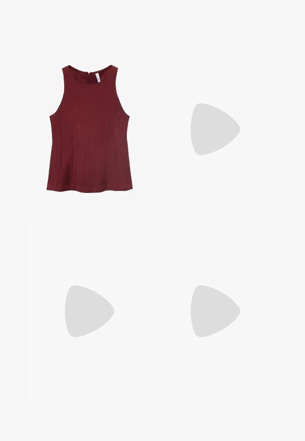 Haut sans manches bordeaux avec un col haut, texture lisse et fermeture éclair au dos. Pas de motifs ; présente des côtés ajustés.; Robe maxi rouge à encolure droite, avec une hem asymétrique et une texture lisse. Conçue pour une silhouette ajustée.; Stradivarius KITTEN - Escarpins - red; Lunettes de soleil en plastique rouge avec des montures rectangulaires, des verres teintés et un accent de logo doré sur les branches. Fini lisse et brillant.; Collier en choker de fleurs noires composé de pétales superposés, porté avec un débardeur à côtes noir présentant des accents en argent le long de l'encolure et des épaules.