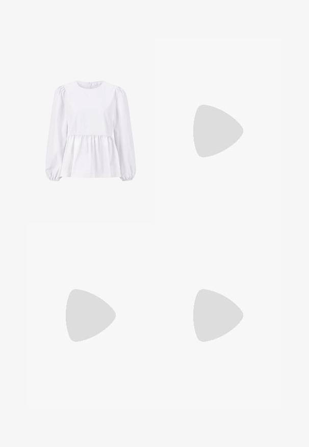 Hvid bluse med rund hals, puflange ærmer og en samlet peplum talje. Lavet af glat stof uden mønstre eller udsmykninger.; Brune brede bukser med en glat tekstur, der har et sort bælte i taljen og sidelommer. Skræddersyet design og afslappet pasform.; Brune ruskinds højhælede sandal med åben tå, justerbar ankelrem og en stribet plade sål.; Brun lædertaske med en rynket top og en kædestrop. Glat tekstur med en blank finish og subtile sømdetaljer på siderne.