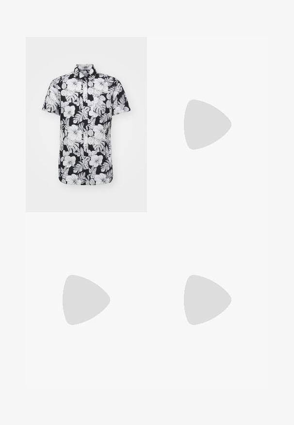 Kurzarmhemd mit schwarzem Hintergrund und auffälligen weißen Blumen- und Blattmustern, mit Kragen und geradem Saum.; Dunkelblaue Denim-Shorts mit umgeschlagenen Säumen, die auf der Vorderseite abgerissene Details mit ausgefransten Kanten aufweisen. Fünf-Taschen-Design mit Knopfverschluss.; Weiße Leder-Sneaker mit Perforationen, runder Zehenpartie, flacher Sohle und dicken Schnürsenkeln, mit sichtbar eingesticktem Swoosh-Logo und "AIR" an der Ferse.; Silberner Armbanduhr aus Edelstahl mit einem dunkelblauen Zifferblatt, metallischen Stundenmarkierungen und einem Datumsfenster bei 3 Uhr. Wasserdicht bis 50 Meter.