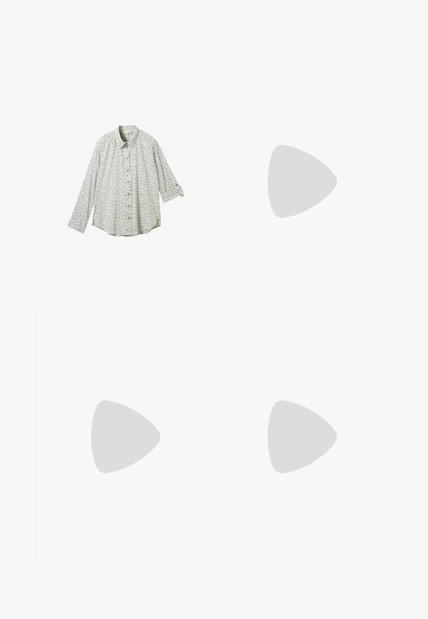 Long-sleeve button-up shirt in light gray with a geometric pattern. Soft fabric with a relaxed fit and rolled cuffs. Blue buttons for closure.; Black pleated skirt made of textured fabric with a fitted waistband. Falls to knee length, featuring a smooth, clean silhouette.; Black patent leather slingback heels with a pointed toe, a rounded cutout design, and a block heel. Features a gold-tone buckle accent.; Black handbag with structured shape, smooth texture, and a metallic clasp. Paired with wide black pants and open-toe sandals on wooden floor.