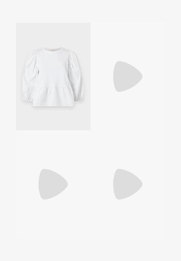 White blouse with a round neckline, puffed long sleeves, and a tiered ruffle hem. Made of smooth fabric with no visible patterns or hardware.; Light blue denim flared jeans with a high waist, featuring two buttons and front pockets. Fabric has a faded texture with subtle variations.; Black leather high-heeled pump with a pointed toe and smooth texture, featuring a slender heel and minimalistic design.; Black sequin mini handbag with a knotted textured strap and silver chain. Rounded shape with gathered top and reflective detailing.