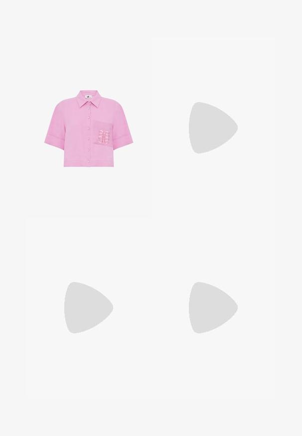 Camicetta rosa a maniche corte in lino, con chiusura a bottoni, colletto a punta e tasca con ricami decorativi.; Pantaloni a gamba larga in tessuto crema con una texture liscia, caratterizzati da un singolo bottone frontale, pieghe sottili e un design a vita alta.; Sandalo bianco con tacco alto, caratterizzato da un design a cinturini e un legaccio alla caviglia. Texture liscia con una piattaforma frontale per un'altezza aggiuntiva.; Borsa in pelle rosa con pattina curva, tracolla singola e linee pulite. La borsa presenta una texture liscia e un design minimalista.