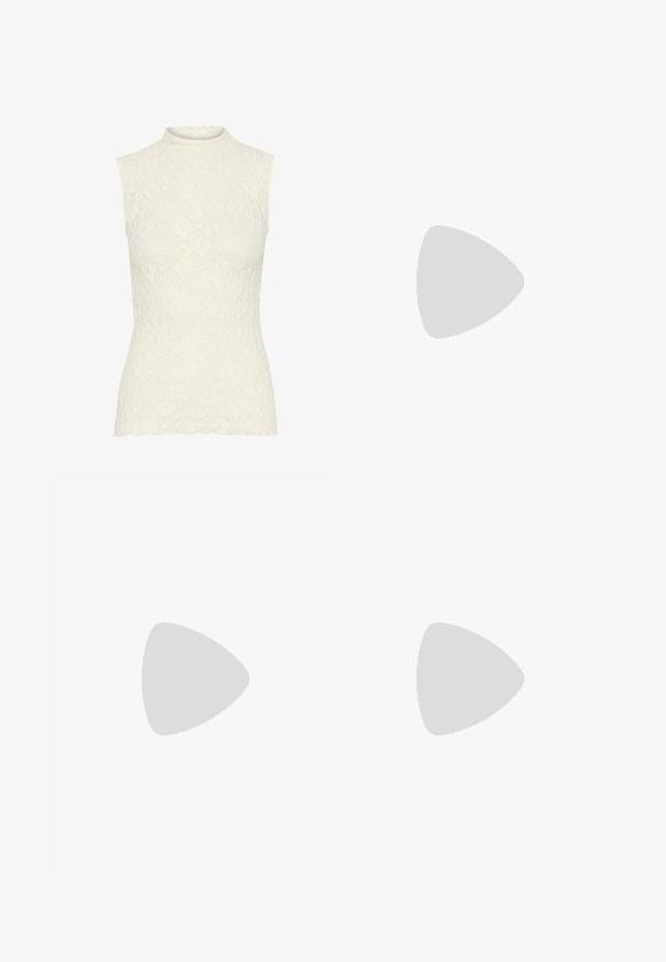 Lace sleeveless top in off-white with a high neck. Features textured floral pattern and scalloped hem. Smooth finish throughout.; Black wide-leg trousers made of smooth fabric, featuring a classic waistband with a button closure and front pleats.; Black patent leather slingback heels with a pointed toe and a geometric block heel. Features a sleek, minimal design and smooth texture.; Black leather hobo bag with a smooth texture, curved shape, and single adjustable strap; features a wide opening at the top.; Gold-tone earrings featuring textured, wavy shapes. Includes sculptural clip-on studs and open hoop design with a hammered finish.