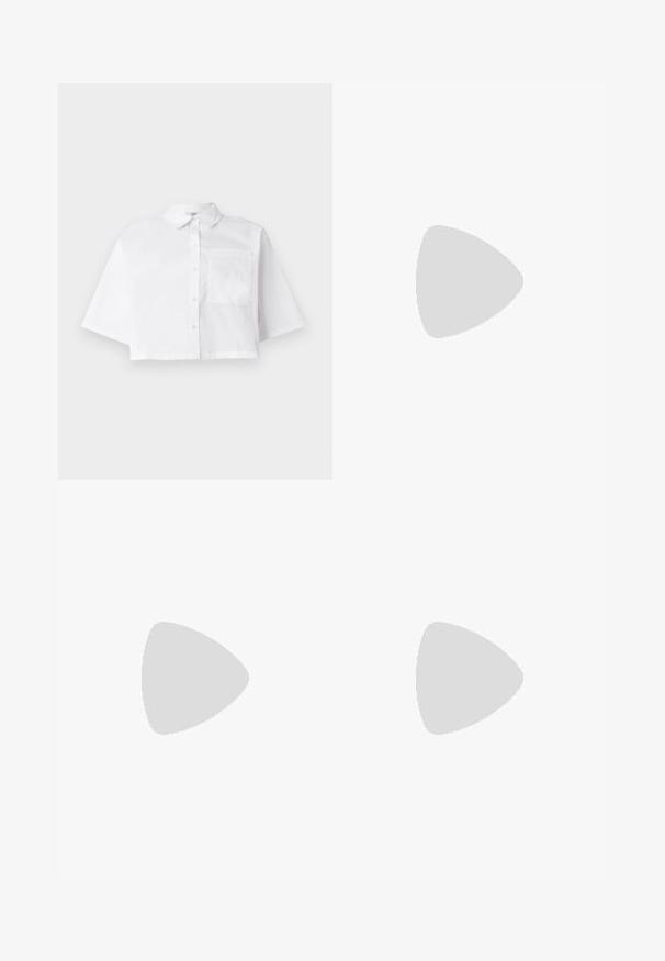 White cropped shirt made of cotton, featuring a button-up front, a classic collar, and a single chest pocket with short sleeves.; Wide-leg trousers in dark denim, featuring a high waistband, front pleats, and a smooth texture. The hem is straight with no additional detailing.; Light blue open-toe heeled mules with a geometric design, featuring a wide strap across the foot and a chunky, angular heel.; Mango Tote bag - dark brown