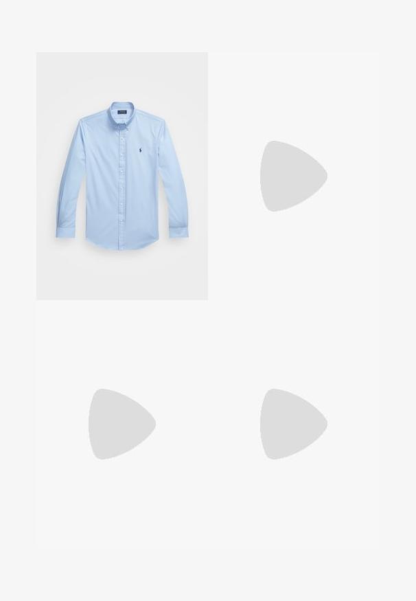 Light blue button-up shirt made of cotton with long sleeves, pointed collar, and embroidered logo on the left chest. Flat front design.; Light blue cotton t-shirt with a crew neck and short sleeves, featuring a small embroidered logo on the left chest. Smooth texture.; Beige striped swim shorts with an elastic waistband and drawstring, featuring a small blue logo on the lower side.; White sneakers made of textured synthetic material, featuring a navy logo, lace-up design, and a low-profile rubber sole.