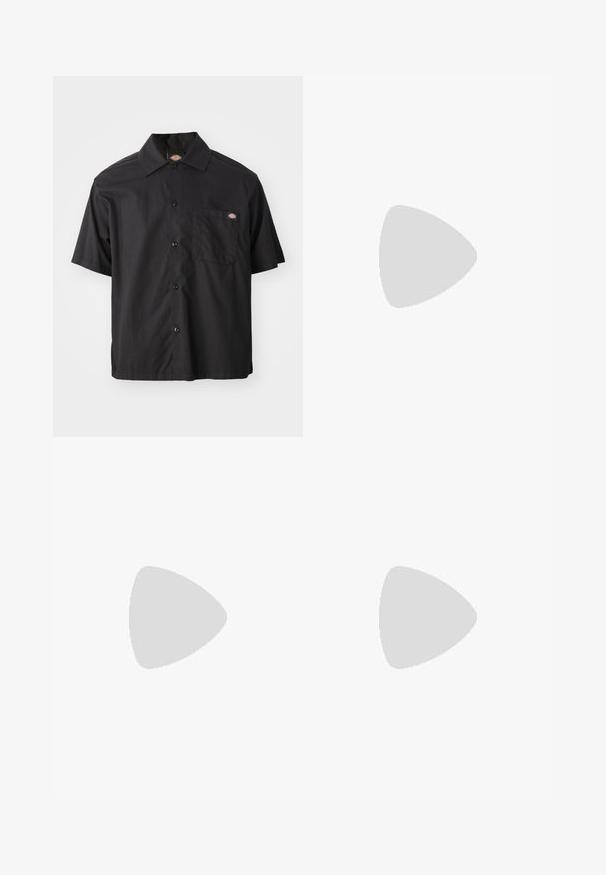 Black short-sleeve button-up shirt made of cotton, featuring a single chest pocket and logo patch. Smooth texture and relaxed fit.; Nike black cotton t-shirt with a classic crew neck, short sleeves, and a subtle, embossed logo on the chest. Smooth texture.; Black shorts featuring a drawstring waistband, lightweight fabric with a smooth texture, and a simple design without visible logos or patterns.; Black Nike shoes feature a mesh upper with accent stripes, textured lacing, and a black rubber sole. Worn with black ribbed socks.