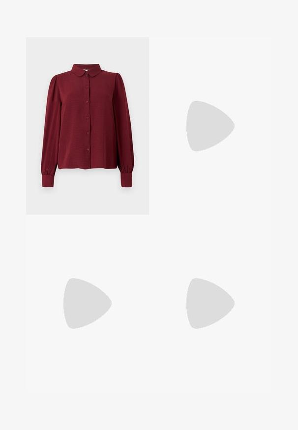 Bluză bordo cu guler, față cu nasturi și mâneci lungi tip puff. Confecționată dintr-un material texturat, cu manșete ajustate.; Pantaloni maro cu picioare largi, cu un tiv elastic, realizați dintr-un material moale. Au o croială lejeră și un tiv drept pentru confort.; Pantofii slingback din piele patent maro, cu vârful ascuțit și un toc moderat. Prezintă o curea cu prindere pentru o potrivire sigură. Textură netedă.; Geantă din piele maro, tip crossbody, cu o formă curbată, accesorii aurii și un accent cu cataramă. Dispune de un curea de umăr detașabilă.