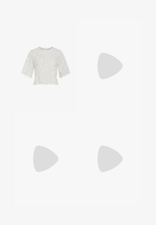 White lace blouse with short sleeves, floral pattern, scalloped hem, and round neckline. Lightweight fabric, intricate detailing throughout.; White, wide-leg trousers with a high waist, featuring two front pleats, a single button closure, and pockets. Smooth fabric texture.; Beige and black two-tone slingback shoe with a pointed toe, flat heel, and crisscross strap detail. Smooth leather texture.; White rectangular clutch bag made of glossy material, featuring a silver chain strap. Model poses, showcasing the bag against a plain background.