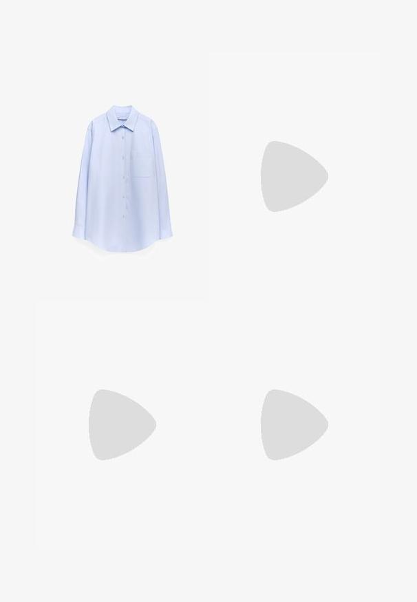 Jasnoniebieska koszula z długim rękawem, zapinana na guziki, z ostryżnym kołnierzykiem i kieszonką na piersi, wisząca na białym tle.; Czarne spodnie culotte z poliestru z elastycznym pasem, dwoma fałdami z przodu i luźnym krojem. Brak widocznych wzorów lub elementów metalowych.; Czarne klapki z dwoma złotymi klamrami, gładki materiał, płaska podeszwa i minimalistyczny design.; Beżowa skórzana torebka o unikalnym kształcie, z dwoma krótkimi uchwytami i długim, regulowanym paskiem. Gładka tekstura z minimalną ilością elementów metalowych.