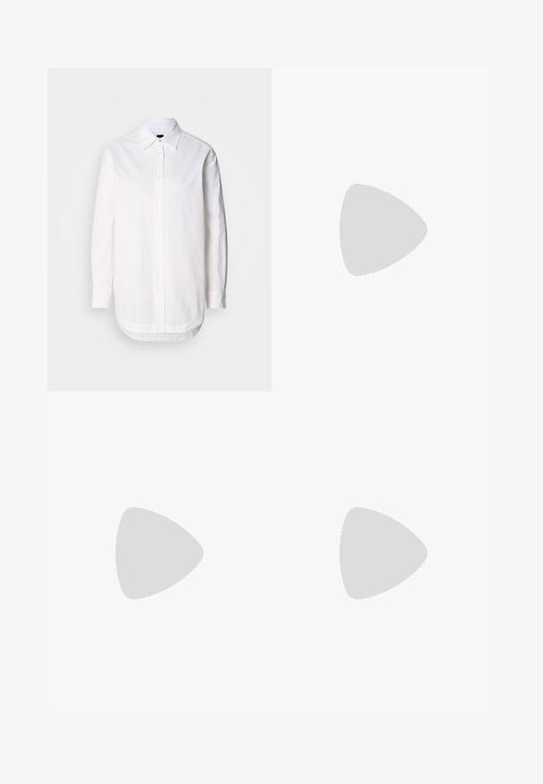 Witte button-up shirt met een kraag, lange mouwen en een ronde onderrand. Gemaakt van katoen met een gladde textuur en subtiele stikseldetails.; Bredere broek van lichtbeige katoen. Heeft een hoge taille, voorzakken en een rechte snit. Schoon afgewerkte zoom zonder patronen.; Witte sneaker met een gladde afwerking, zwarte hielaccenten en vetersluiting. Bevat "Calvin Klein" branding aan de zijkant. Minimalistische stijl.; Zilveren metalen oorbellen met ronde vormen, een gepolijste afwerking en subtiele graveringen van het merk "BOSS" op de onderste secties.