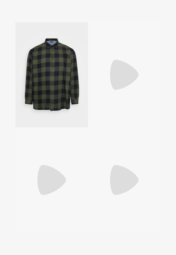 Camisa de cuadros verde y negra con mangas largas, botón frontal y un cuello clásico. Hecha de un tejido ligero con una textura suave.; Camisetas sin mangas de algodón blanco, diseño sin mangas, cuello redondo, textura lisa, con un tejido suave y ligero. Se presentan dos piezas.; Pantalones negros de tejido suave, con pliegues frontales, cinturilla con botón y puños en los tobillos ajustados. Silueta clásica y ajustada.; Mocasines de cuero negro con punta redonda, costuras decorativas y un tacón bajo. Textura suave con un brillo sutil. Diseño clásico sin adornos.; Gafas de sol negras con montura rectangular, lentes ahumados grises y diseño con corte en el puente. Material plástico brillante y elegante, con varillas estrechas.