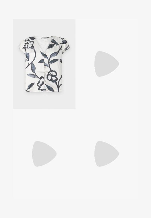 Blusa a maniche corte con scollo a V realizzata in tessuto morbido, caratterizzata da un motivo floreale nero su sfondo bianco, con chiusure a bottoni sul fronte.; Pantaloni a gamba larga realizzati in un tessuto a coste, morbido e caldo, di colore marrone. Presentano un elastico in vita senza cuciture e una silhouette fluida.; Stivale alla caviglia bordeaux lucido con un tacco spesso nero, caratterizzato da una superficie liscia e un design semplice. Nessuna chiusura visibile o motivo.; Borsa tote in pelle marrone con texture liscia, design con apertura superiore e due spallacci. Presenta cuciture minime e nessun hardware visibile.