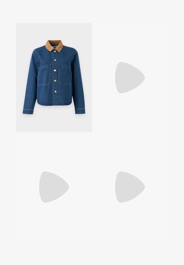 Denim jacket with a brown corduroy collar, front button closure, two large chest pockets, and a relaxed fit. Blue fabric with subtle texture.; Short-sleeve T-shirt in cream with horizontal light pink stripes. Features a V-neck and a small logo on the chest. Cotton fabric.; Dark gray pleated skirt with an elastic waistband, featuring a textured fabric and a classic A-line silhouette. Suitable for casual wear.; Black leather loafers with a tied bow, featuring gold eyelet accents along the sides and a flat rubber sole. Smooth texture, classic design.