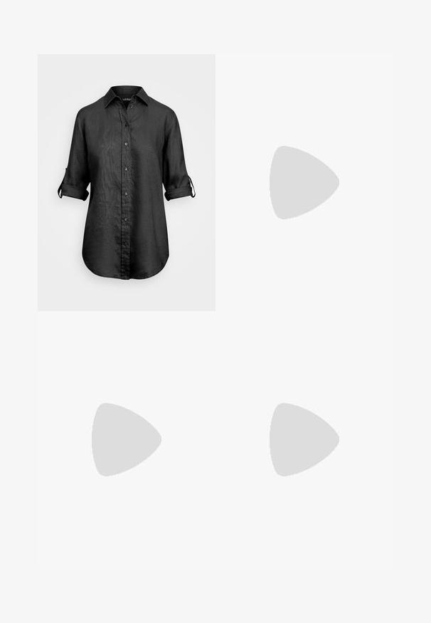 Lauren Ralph Lauren TISSUE LINEN SHIRT - Button-down blouse - black; Brown cotton trousers with a slim-fit design, flat front, and standard pockets; smooth texture and hemmed cuffs.; White leather sneakers, low-top design, featuring a smooth texture, round toe, laced front, and a small embroidered logo on the side.; Black double-breasted blazer with matching trousers. Smooth fabric, structured design, and a fitted silhouette. Holds a small black handbag.