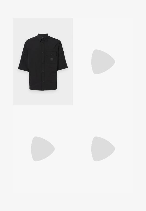 Black short-sleeve shirt made of lightweight fabric. Features a button-down collar, two front pockets, and a small logo patch.; Urban Classics WIDE FIT - Chinos - black; White leather sneaker with lace-up closure, textured surface, and a thick white rubber sole featuring a serrated edge for grip.; Metal-framed sunglasses with oval green lenses. Thin silver metal frame and black ear tips. Minimalist design, no visible logos.