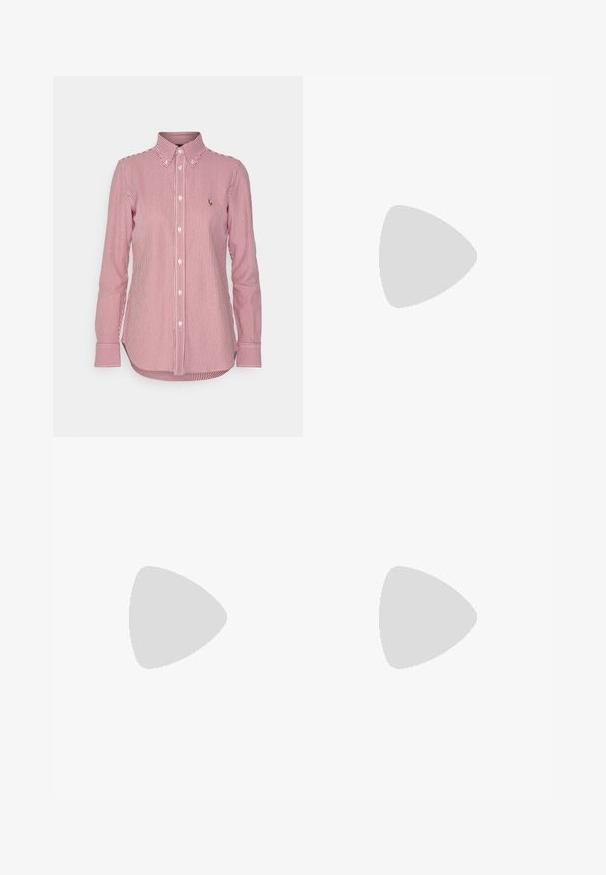 Polo Ralph Lauren LONG SLEEVE BUTTON FRONT  - Bluza s gumbima - bistro red/white; Široke traperice u boji krem-paleža. Visoki struk s kopčanjem na dugme, dva prednja džepa i kontrastni šavovi.; Chunky tenisice u bež i tamnosmeđoj boji s nubuk naglasima, bijelim vezicama i malim zlatnim MK šarmom sa strane.; Kremasta kožna torba za ruke sa zakrivljenim oblikom, s detaljima od zlatnog hardvera. Tračna je pričvršćena metalnom kopčom.