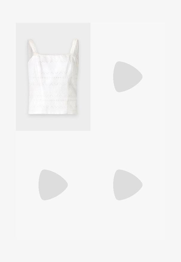 Camisole en coton blanc avec de fines bretelles, ornée de motifs brodés et de découpes. Texture lisse, design ajusté.; Shorts en denim blanc avec une coupe droite, un design à cinq poches, une fermeture à bouton à l'avant, des détails en métal argenté et des coutures décoratives.; Chaussure en cuir noir à talon ouvert avec un bout pointu, présentant un accent tressé et un design supérieur plissé. Semelle plate avec un matériel minimal.; Sac à main en cuir marron avec une fermeture à rabat, des accents en métal doré, une bandoulière et une texture lisse. Forme rectangulaire compacte.