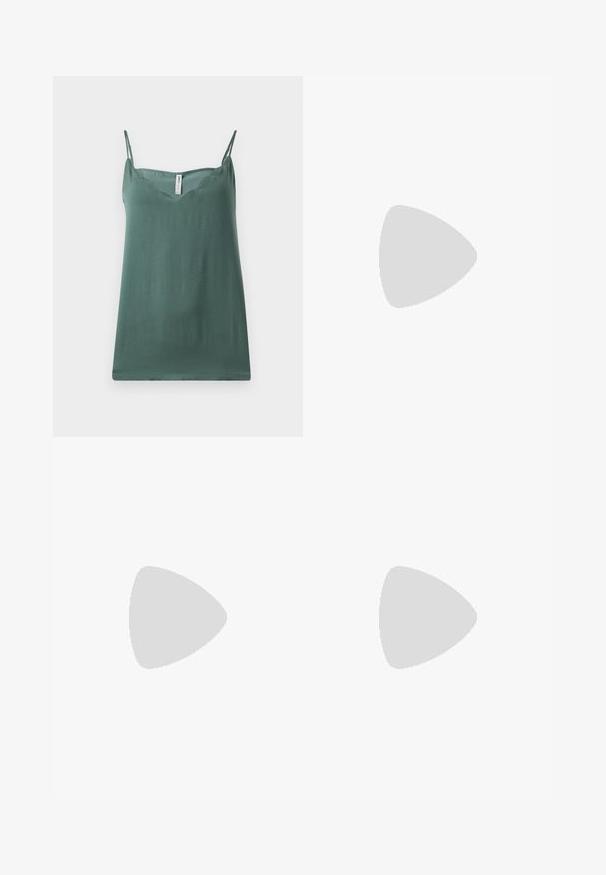 Green sleeveless top with thin adjustable straps, a V-neckline, smooth texture, and a relaxed fit, made from lightweight fabric.; Gray pleated skirt with a smooth texture, featuring multiple vertical folds and a fitted waistline. Made from lightweight fabric.; Black heeled sandals with thin straps, open toe design, and a small, flared heel. The material appears smooth and glossy.; Cream dress with red polka dots, ruffled sleeves, cinched waist; paired with a small white handbag and strappy nude heels.