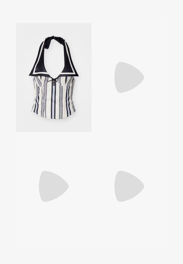 Top halter righe in crema e navy con un ampio colletto, dotato di chiusura con bottoni e di un fiocco al collo. Tessuto dalla texture liscia.; Pantaloni a gamba larga con un motivo a zigzag in vivaci tonalità di arancione e rosa, dotati di cintura elastica e etichetta del logo sul retro.; Sneaker arancioni in suede e nylon con strisce marroni, lacci rossi e una punta testurizzata. Abbinati a calze a crema bianche e bordeaux con righe.; Even&Odd Borsa a mano - brown