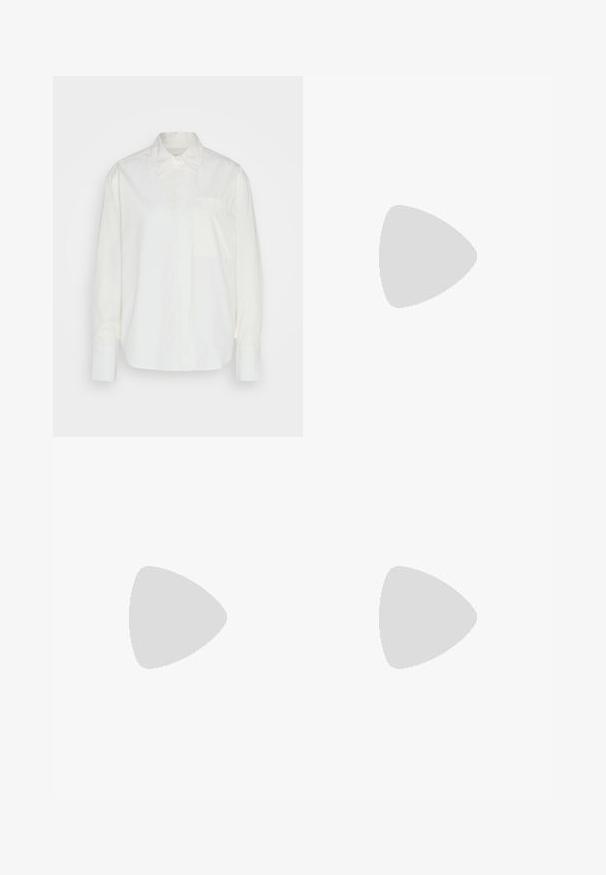 Valkoinen pitkähiha shirt, joka on valmistettu kevyestä puuvillasta. Siinä on klassinen kaulus, nappisulkeminen ja yksi rintatasku. Suorapehmeä rakenne.; Musta polyesterinen culotte-housut, jossa on joustava vyötärö, kaksi etupleettiä ja löysä siluetti. Ei näkyviä kuvioita tai metallisia yksityiskohtia.; Mustat patentoitu nahkakengät, joissa on säären takaosa ja terävä kärki, sekä geometrinen palikkakorko. Sisältää tyylikkään, minimalistisen muotoilun ja sileän pinnan.; Valkoinen nahkainen käsilaukku, jossa on jämäkkä muotoilu, magneettinen suljin ja olkahihna, esillä neutraalilla taustalla.